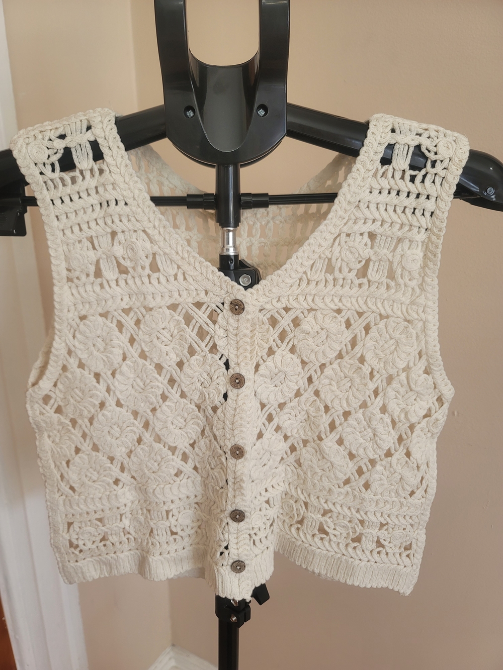 Crochet Button-Front Crop Top - Cream